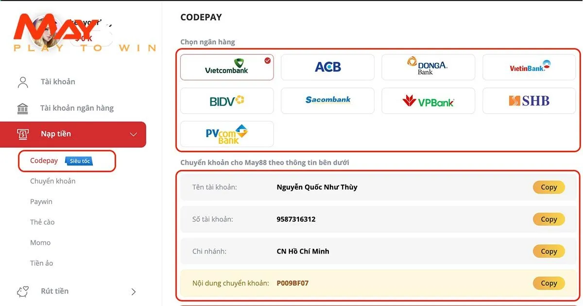 Các Bước Chi Tiết Để Nạp Tiền May88
